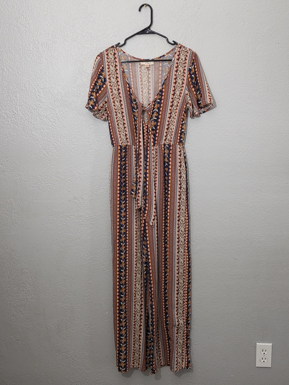 Band of Gypsies Floral and Striped Boho Jumpsuit Multicolor Wide Leg Womens Med